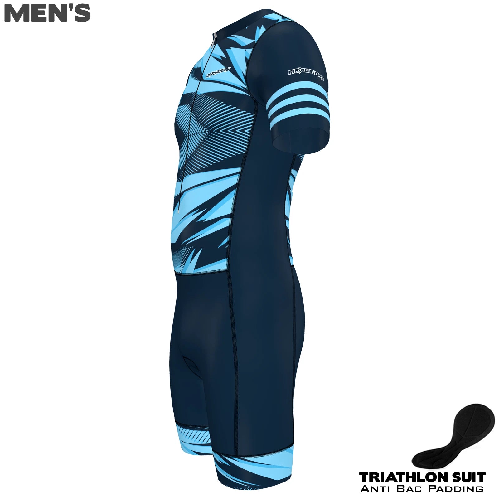 Men's triathlon suit with anti-bacterial padding, featuring a sleek blue design and half zip for ventilation.