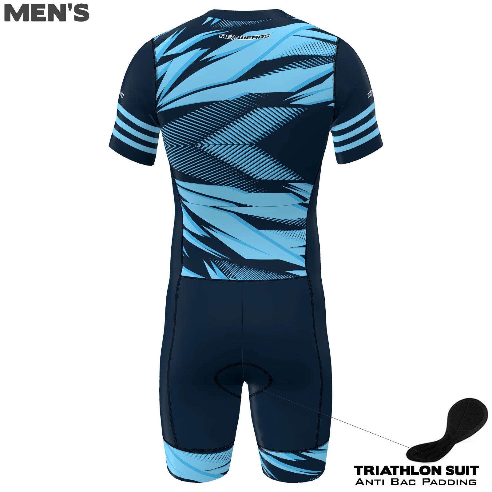 Men's triathlon suit in blue with anti-bacterial padding, designed for cycling, running, and swimming.
