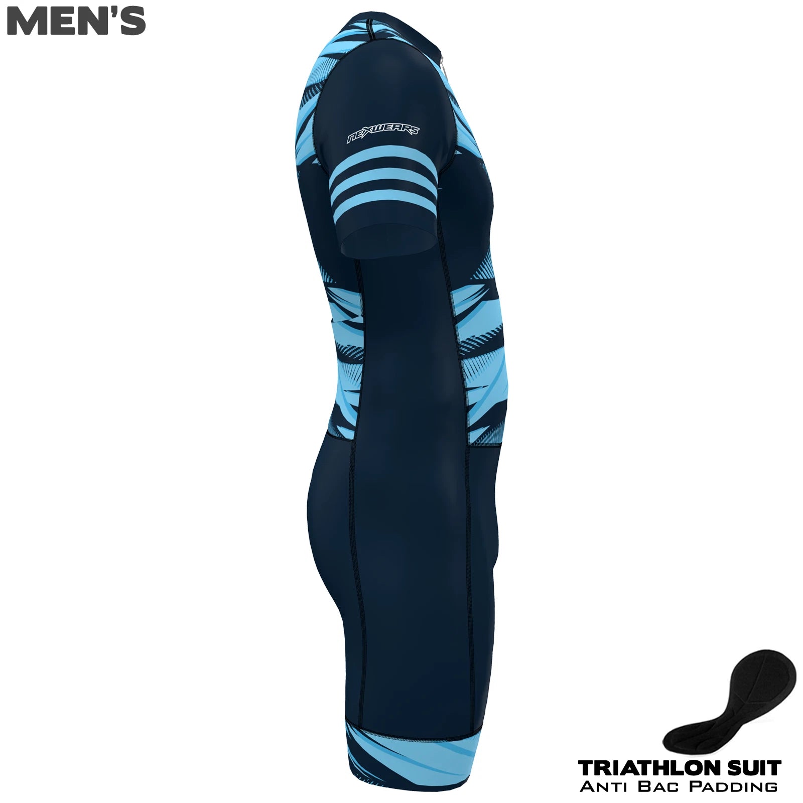 Men's triathlon suit in navy with blue accents, designed for cycling, running, and swimming with anti-bacterial padding.