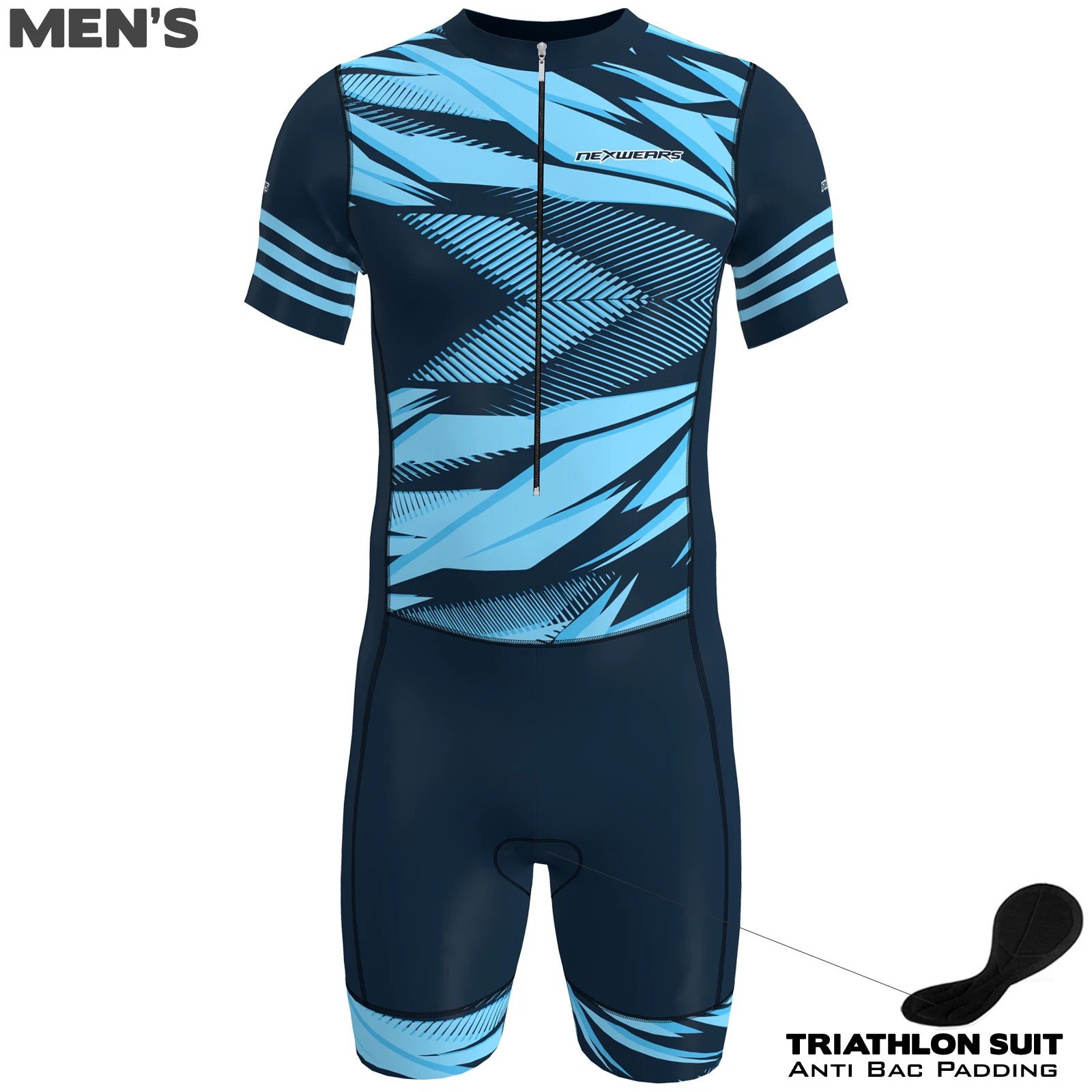 Men's triathlon suit with anti-bacterial padding, featuring blue and black design, ideal for cycling, running, and swimming.