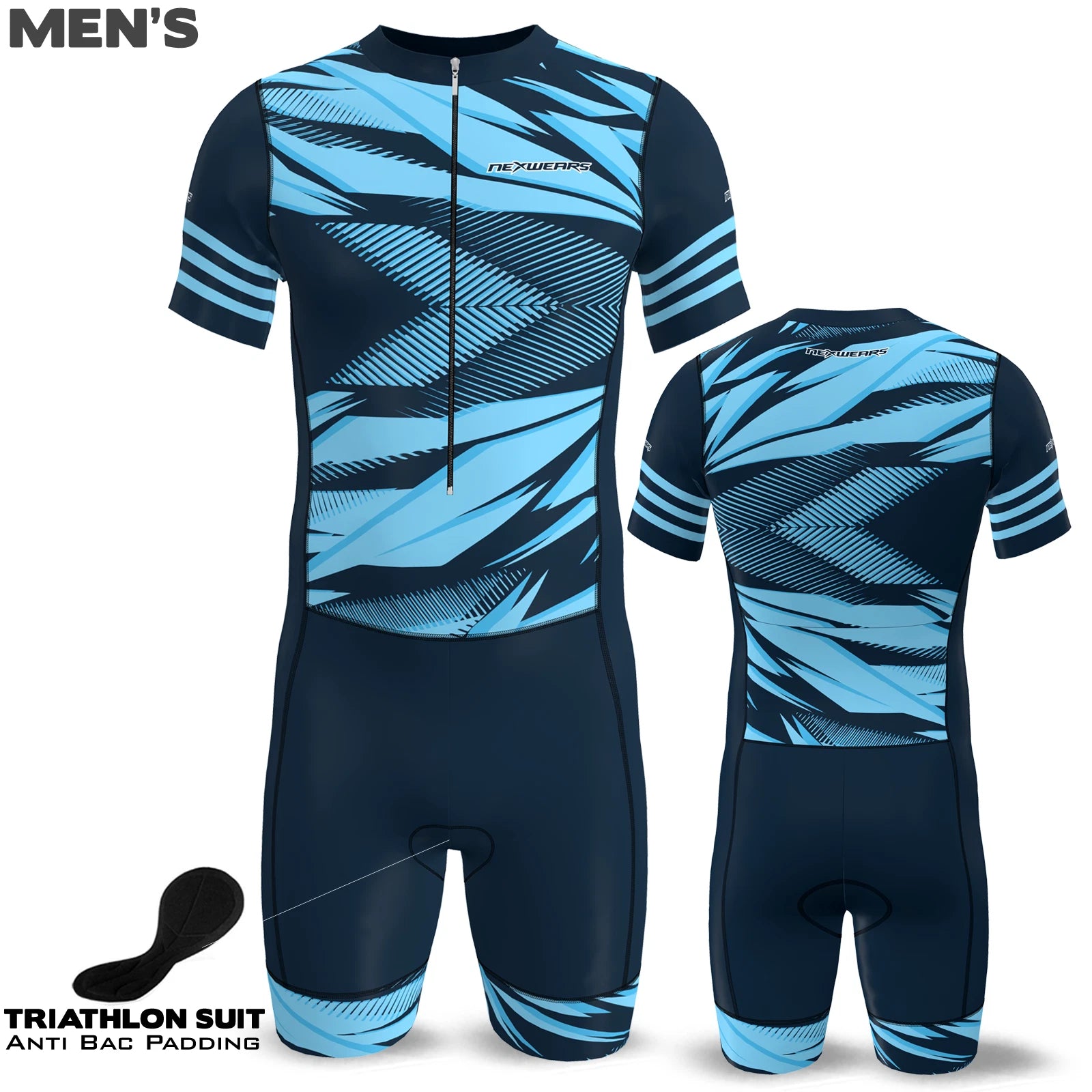 Men's triathlon suit in blue and black design with anti-bacterial padding, ideal for cycling, running, and swimming.